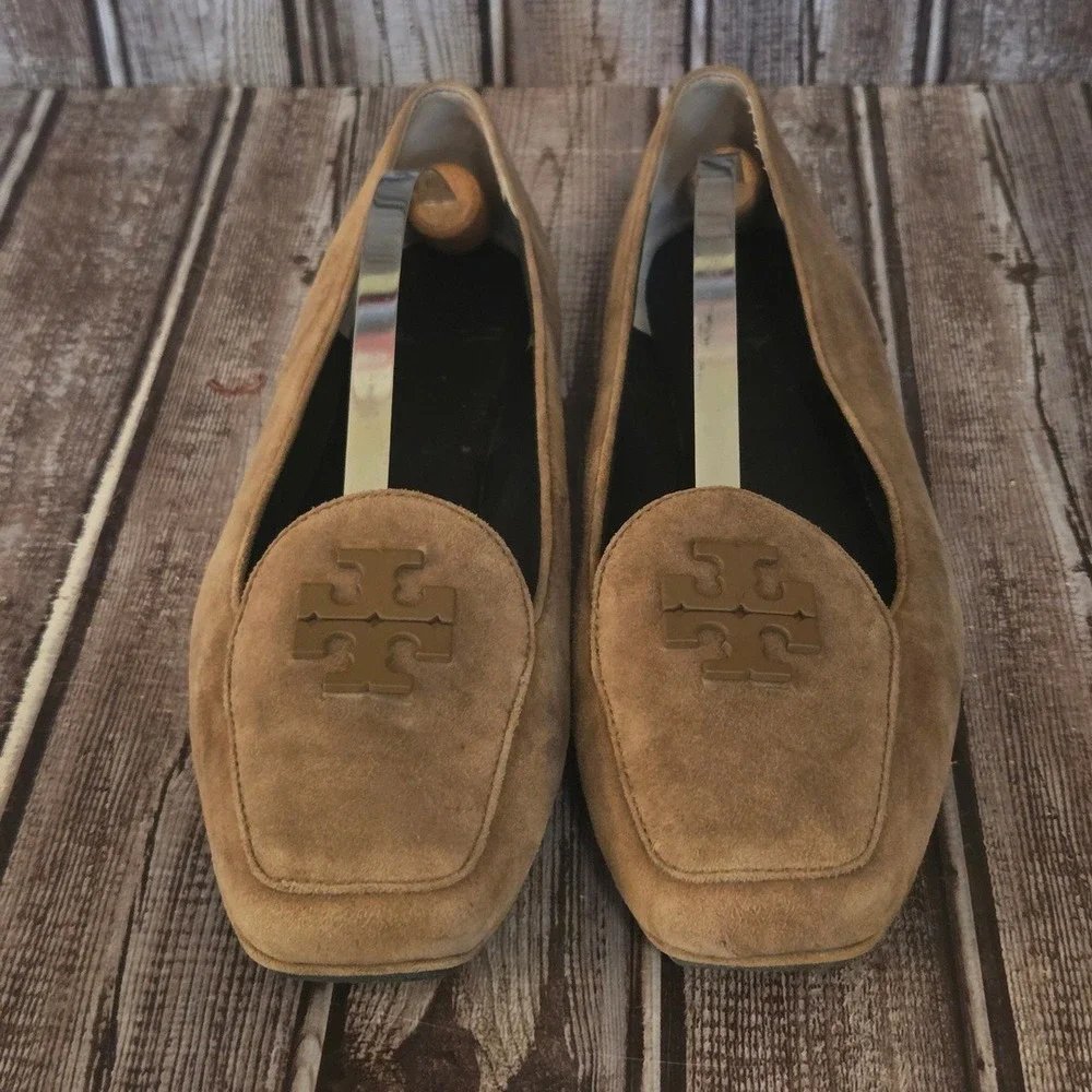 Sz 10.5 M Womens Tory Burch Fitz Brown Suede Square Toe Loafers Flats Shoes